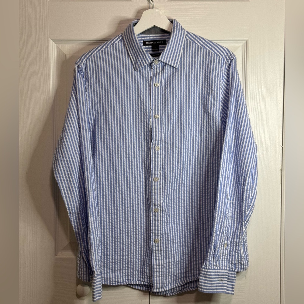 Michael Kors Men's Long Sleeve Blue and White stripe Seersucker Shirt